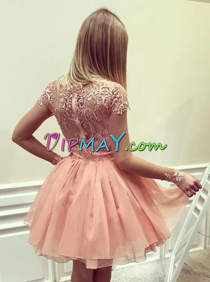 Custom Made Peach Zipper Prom Dress Beading and Lace Cap Sleeves Mini Length