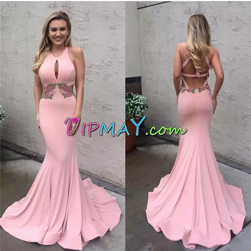 Discount Halter Top Sleeveless Prom Gown Sweep Train Appliques Pink