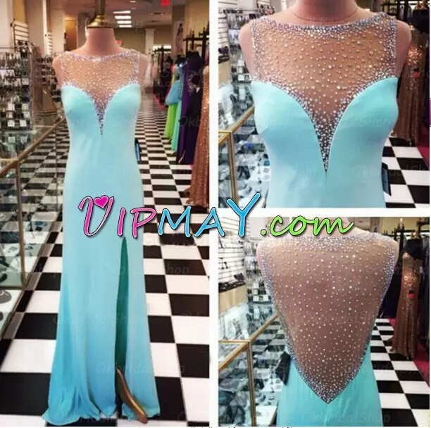 Glorious Scoop Sleeveless Homecoming Dress Floor Length Beading Turquoise Chiffon