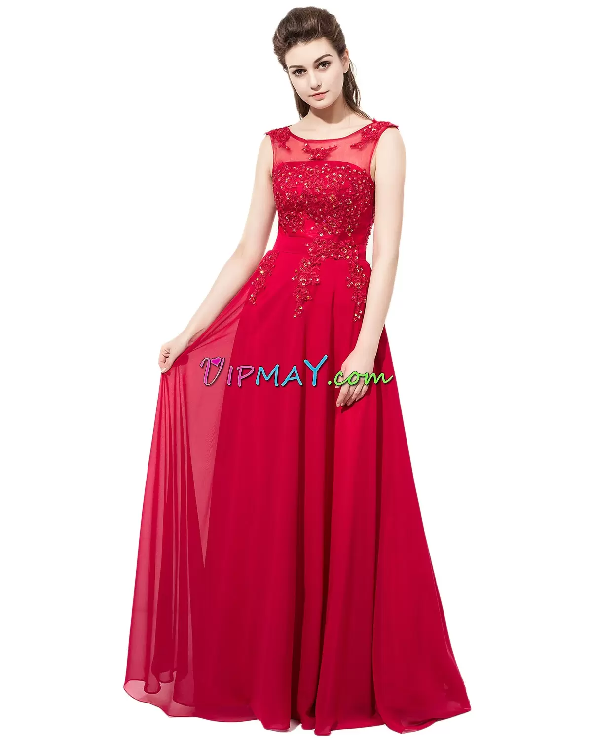 Unique Red Empire Scoop Sleeveless Chiffon Floor Length Lace Up Lace