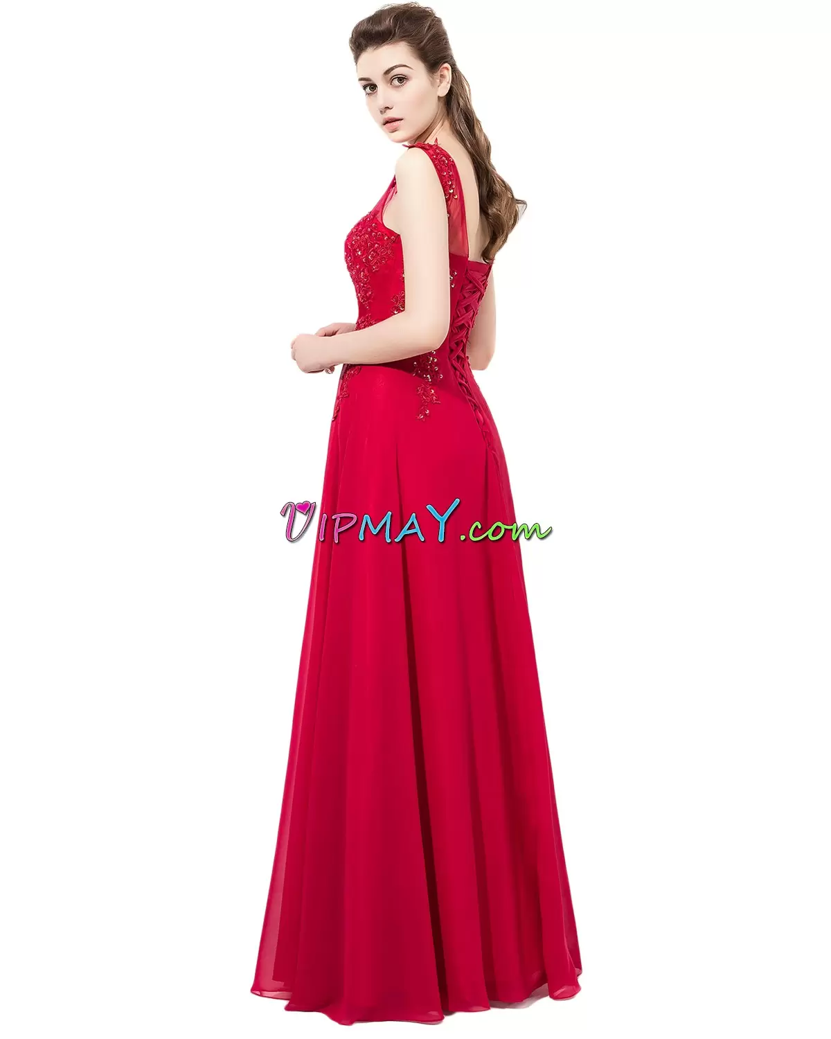 Unique Red Empire Scoop Sleeveless Chiffon Floor Length Lace Up Lace
