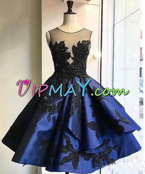 Royal Blue A-line Satin Scoop Sleeveless Beading and Appliques Knee Length Backless Prom Dresses