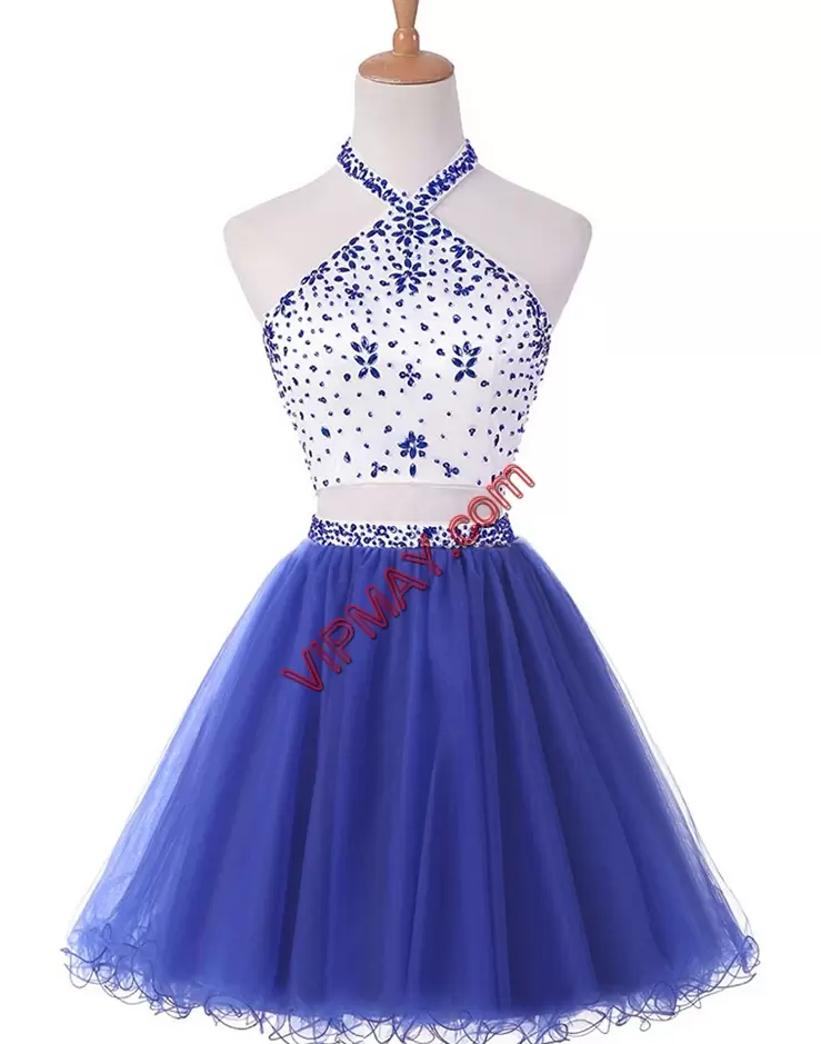 Captivating Sleeveless Tulle Mini Length Backless Junior Homecoming Dress in Royal Blue with Beading