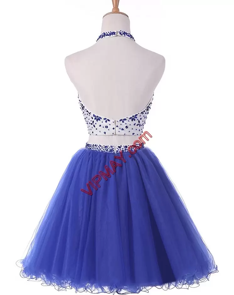 Captivating Sleeveless Tulle Mini Length Backless Junior Homecoming Dress in Royal Blue with Beading