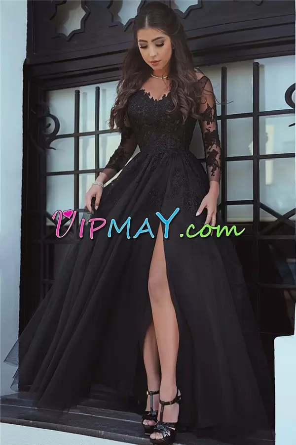 Pretty Sweetheart Long Sleeves Sweep Train Lace Up Homecoming Gowns Black and Blue Satin and Organza Beading and Lace