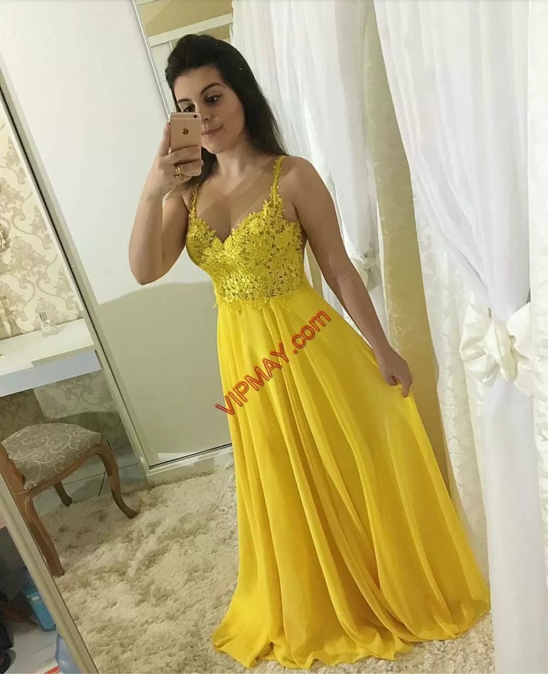 Empire Prom Dress Yellow Spaghetti Straps Chiffon Sleeveless Floor Length Side Zipper