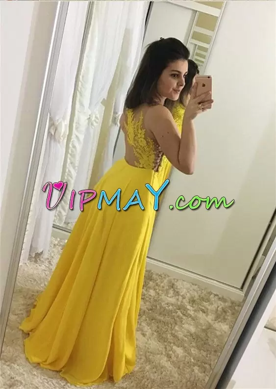 Empire Prom Dress Yellow Spaghetti Straps Chiffon Sleeveless Floor Length Side Zipper