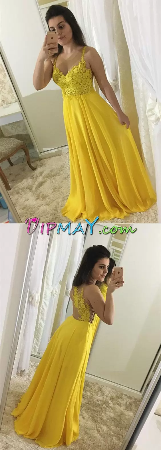 Empire Prom Dress Yellow Spaghetti Straps Chiffon Sleeveless Floor Length Side Zipper