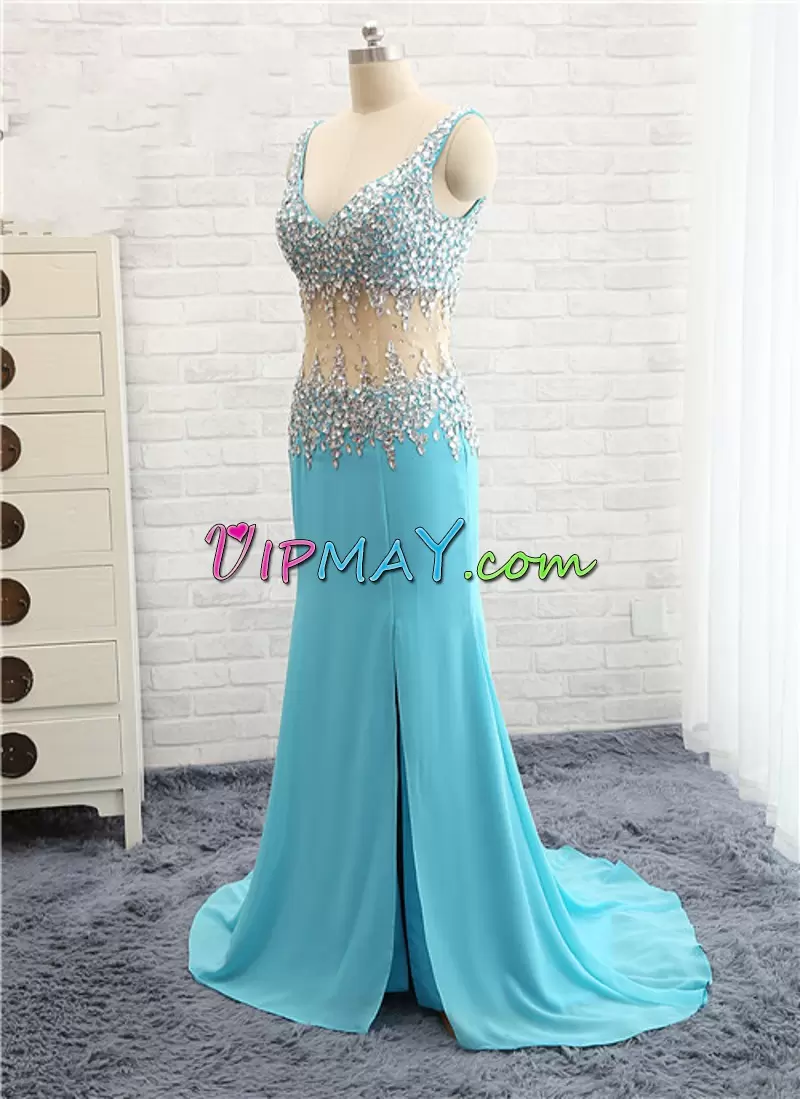 Admirable Straps Sleeveless Evening Dresses Sweep Train Beading Baby Blue Chiffon