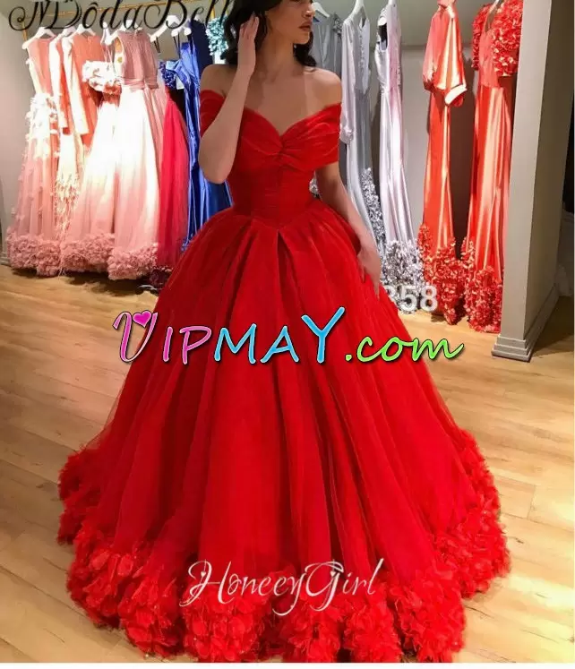 Charming Ball Gowns Prom Evening Gown Red Off The Shoulder Organza Sleeveless Floor Length Lace Up