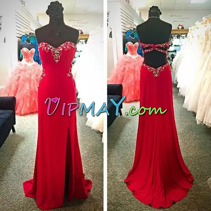 Most Popular Red Sleeveless Sweep Train Beading Homecoming Party Dress