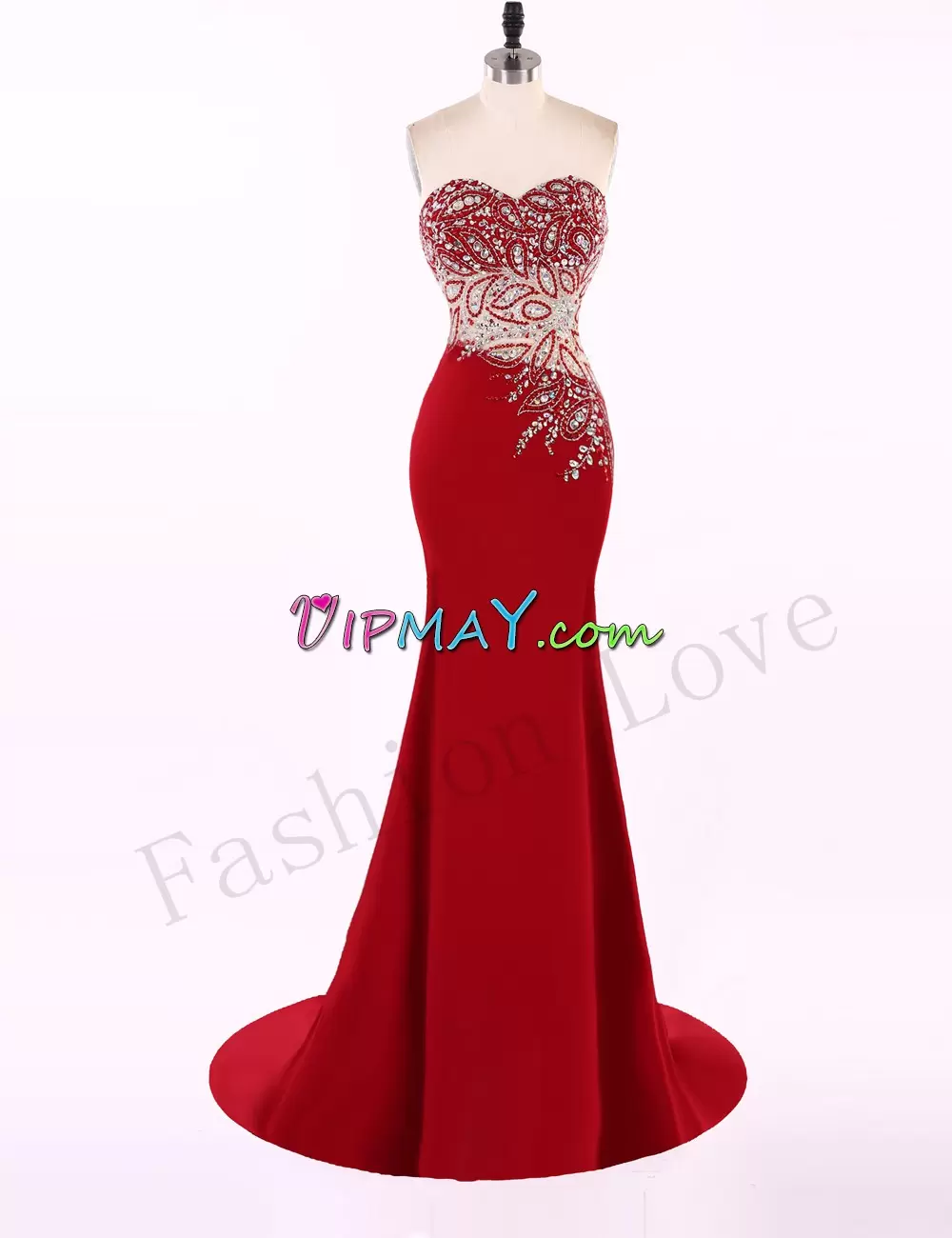 Simple Red Sweetheart Side Zipper Beading Prom Party Dress Sweep Train Sleeveless