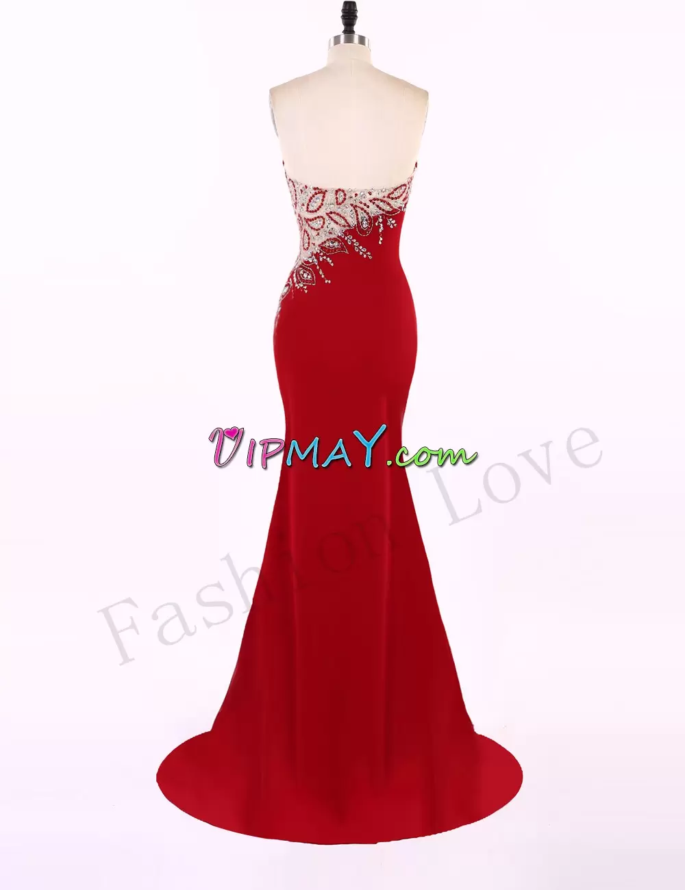 Simple Red Sweetheart Side Zipper Beading Prom Party Dress Sweep Train Sleeveless