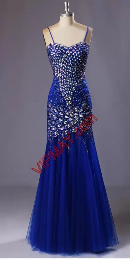 Simple Royal Blue Spaghetti Straps Zipper Beading Prom Dresses Sleeveless