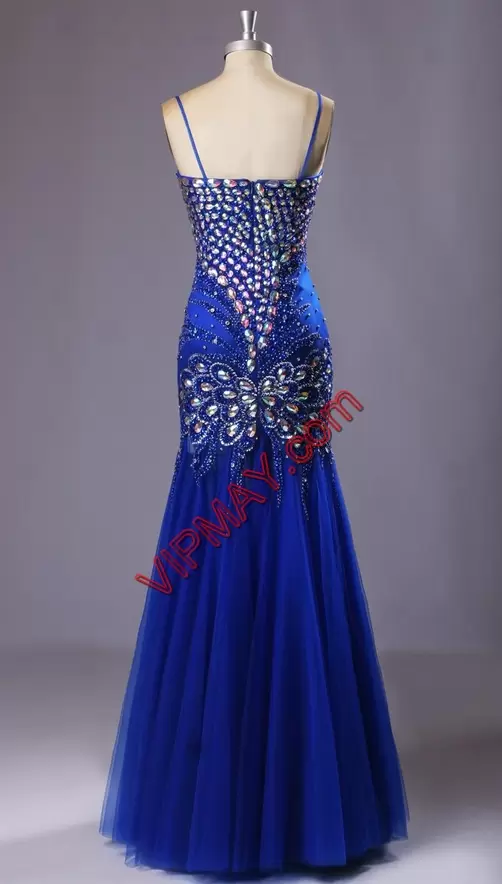 Simple Royal Blue Spaghetti Straps Zipper Beading Prom Dresses Sleeveless