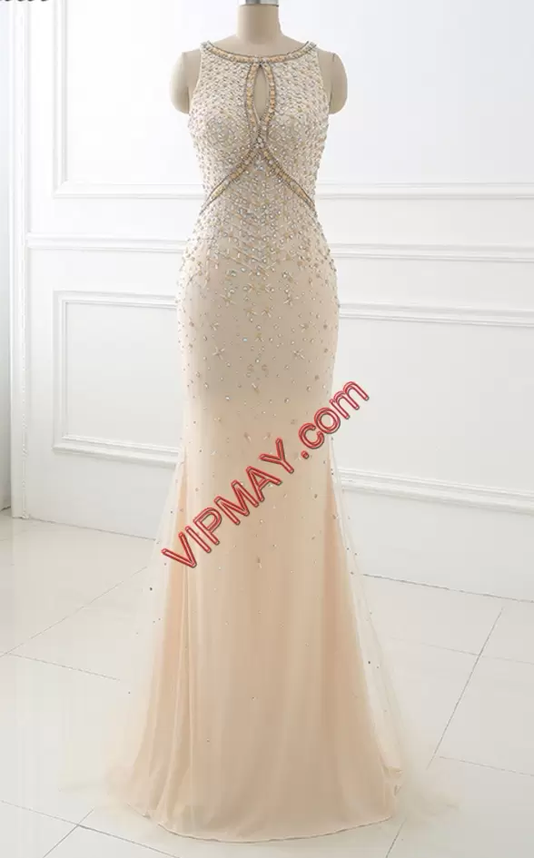 Unique Champagne Clasp Handle Scoop Beading Prom Homecoming Dress Tulle Sleeveless Sweep Train