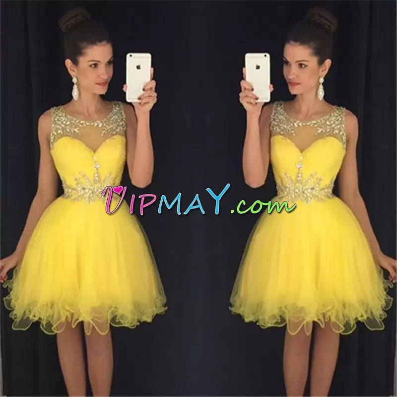 Sleeveless Tulle Knee Length Prom Dress in Yellow with Beading