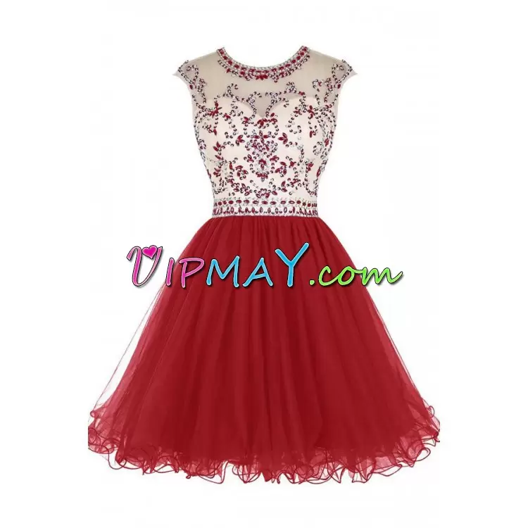 Wine Red Sleeveless Mini Length Beading Scoop Prom Dress