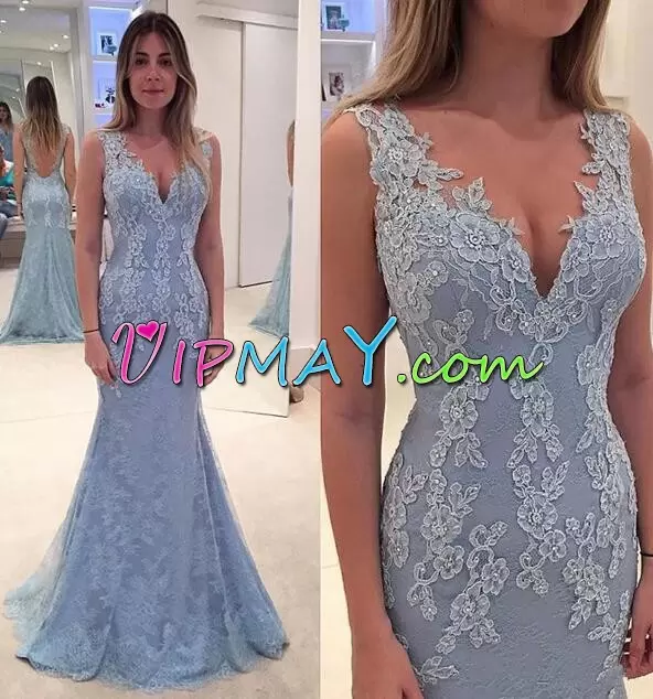 Sophisticated Mermaid Evening Dress Blue V-neck Tulle Sleeveless Floor Length Backless