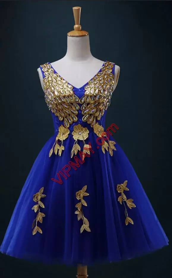 Royal Blue Sleeveless Beading and Appliques Mini Length