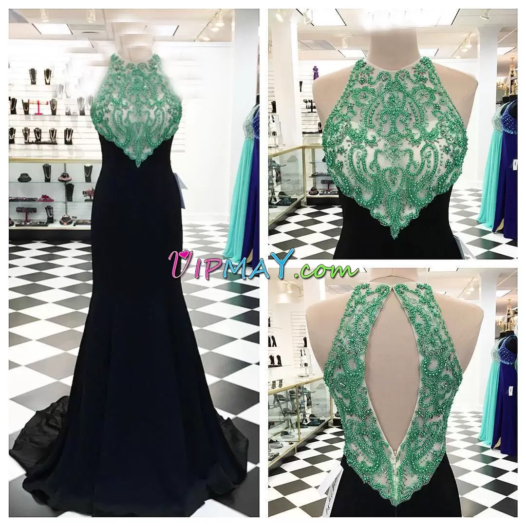 Multi-color Scoop Zipper Beading Prom Party Dress Sweep Train Sleeveless