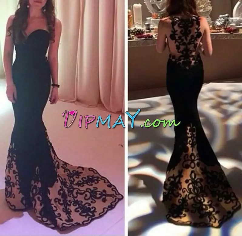 Black Zipper Sweetheart Sleeveless Floor Length Prom Gown Sweep Train Appliques