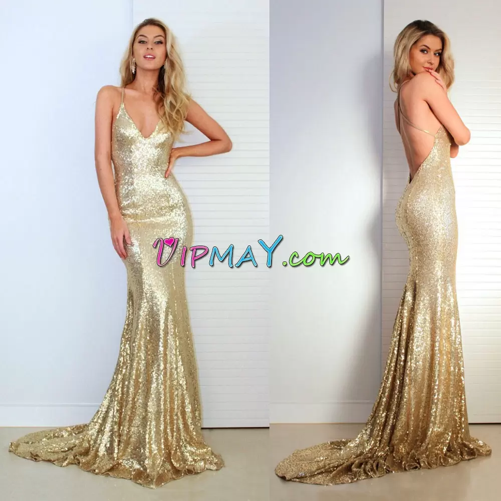 Sleeveless With Train Evening Dress Sweep Train and Sequins and Ruching