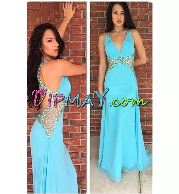 Shining Floor Length Aqua Blue Homecoming Party Dress Sleeveless Beading