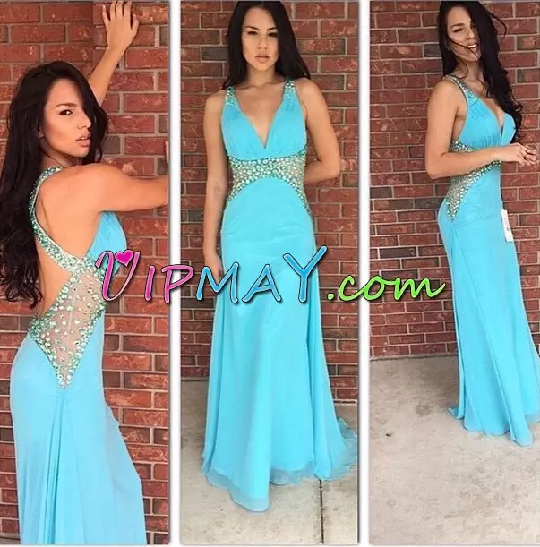 Shining Floor Length Aqua Blue Homecoming Party Dress Sleeveless Beading