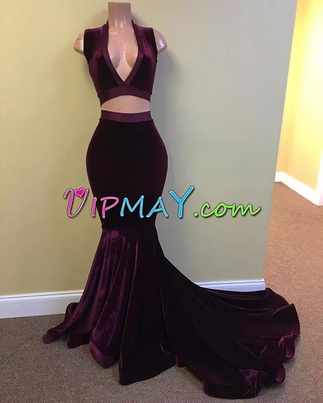 Burgundy Sleeveless Brush Train Lace Up Evening Dress for Prom and Party