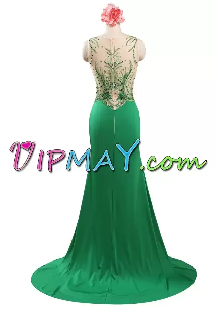 Fitting Green Zipper Scoop Beading Evening Dress Chiffon Sleeveless Brush Train