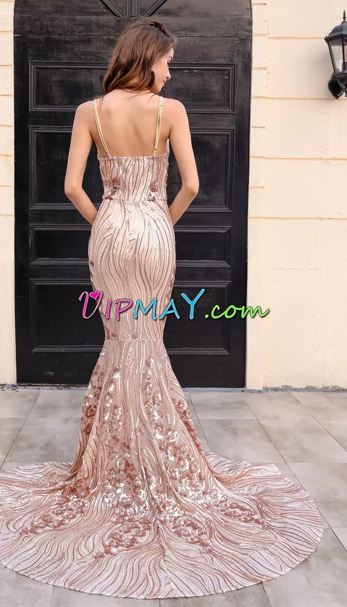 Pink Spaghetti Straps Neckline Sequins Prom Gown Sleeveless Zipper