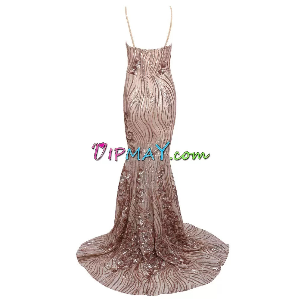 Pink Spaghetti Straps Neckline Sequins Prom Gown Sleeveless Zipper
