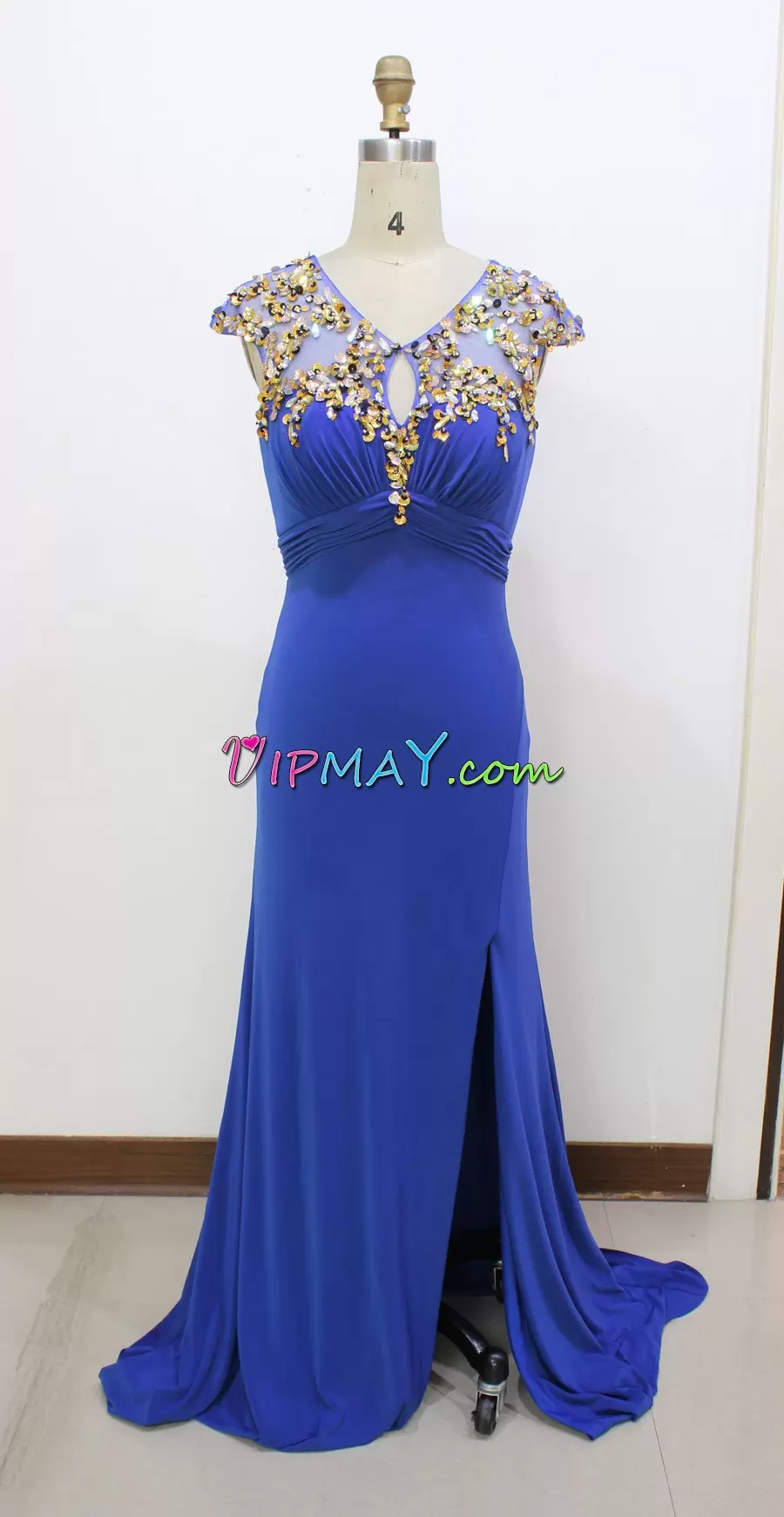 Royal Blue Chiffon Zipper V-neck Cap Sleeves Homecoming Party Dress Sweep Train Beading