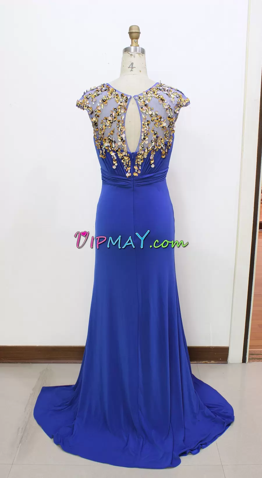 Royal Blue Chiffon Zipper V-neck Cap Sleeves Homecoming Party Dress Sweep Train Beading