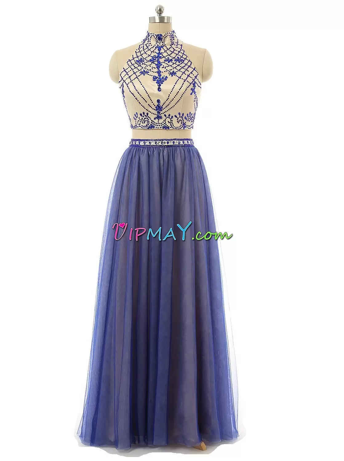 Best Selling High-neck Sleeveless Prom Evening Gown Floor Length Beading Blue Tulle