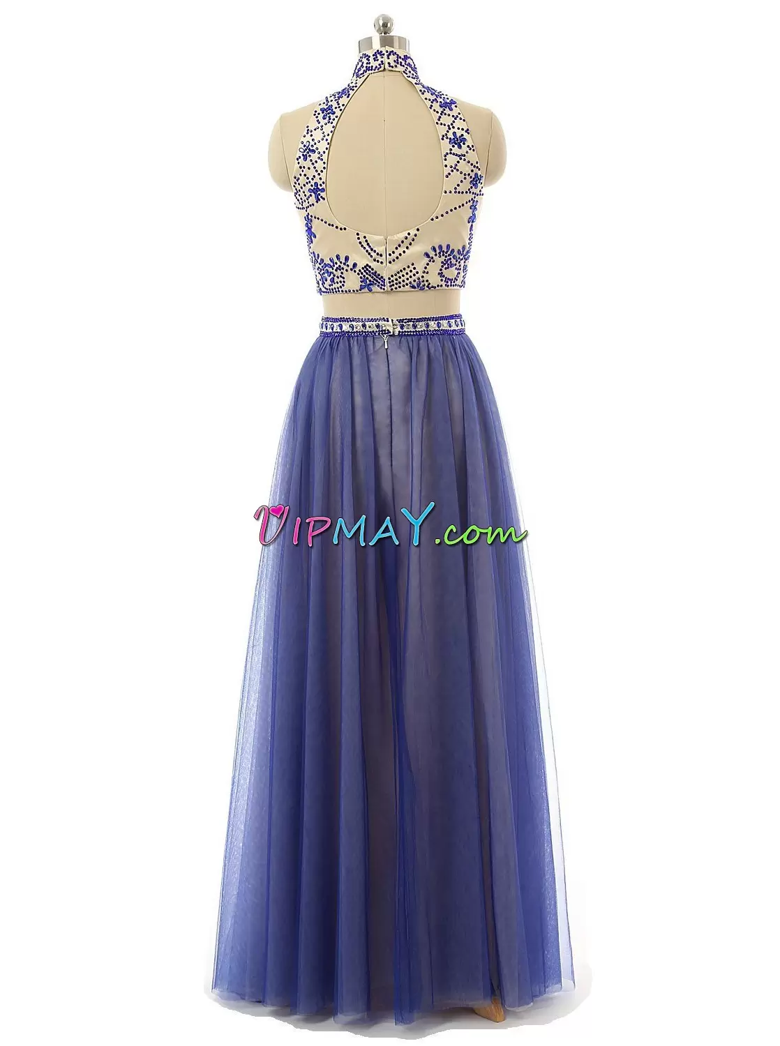 Best Selling High-neck Sleeveless Prom Evening Gown Floor Length Beading Blue Tulle