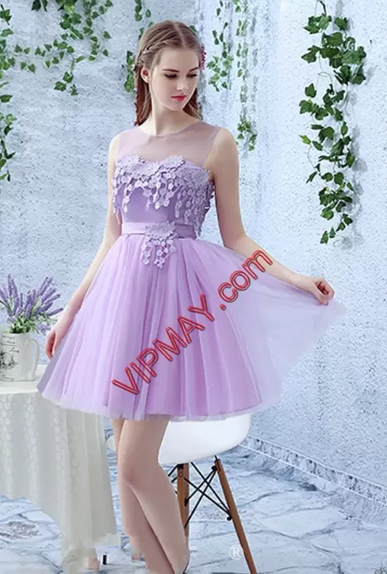 Stylish Lilac Scoop Neckline Appliques Prom Party Dress Sleeveless Lace Up