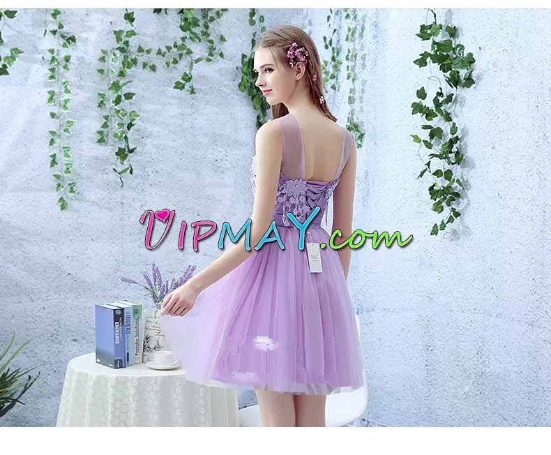 Stylish Lilac Scoop Neckline Appliques Prom Party Dress Sleeveless Lace Up