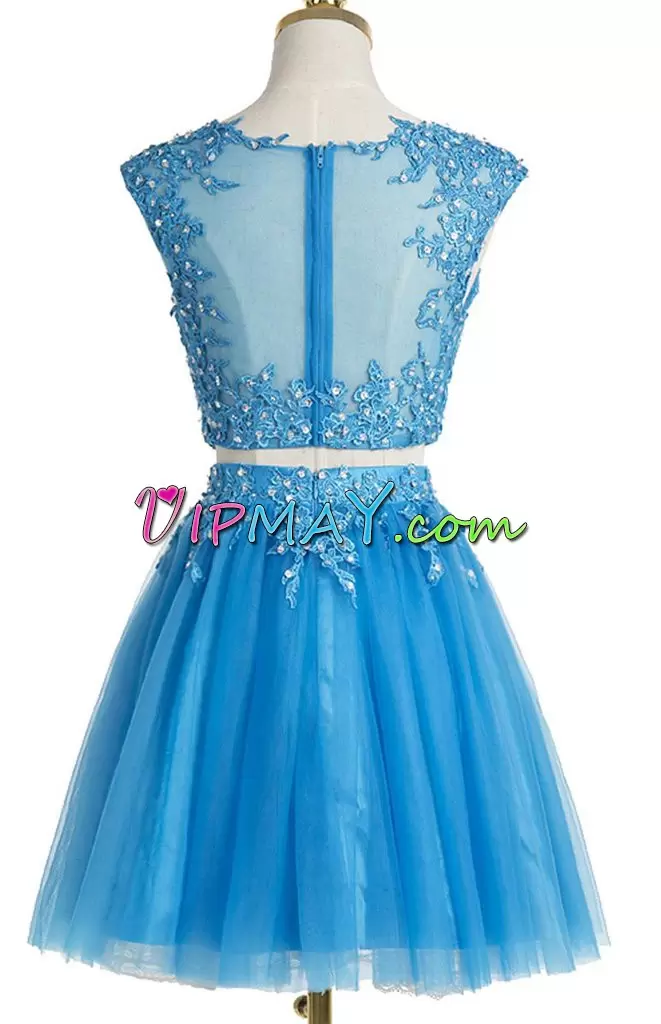Chic Turquoise Two Pieces Beading and Appliques Prom Gown Zipper Tulle Sleeveless Mini Length