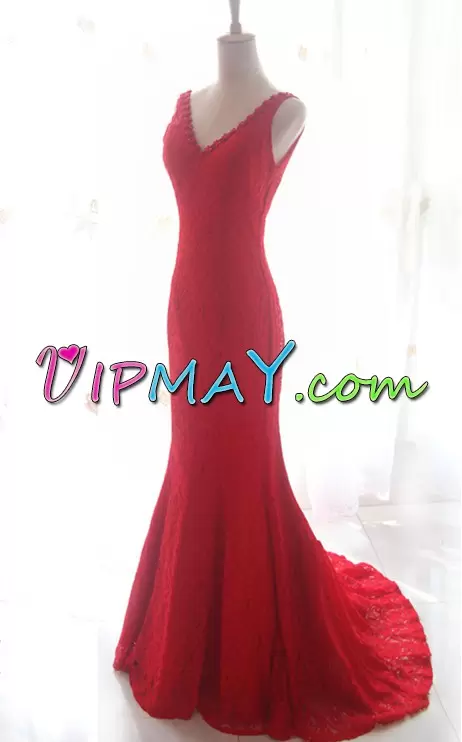 Sleeveless Lace Sweep Train Zipper Homecoming Gowns in Red with Lace