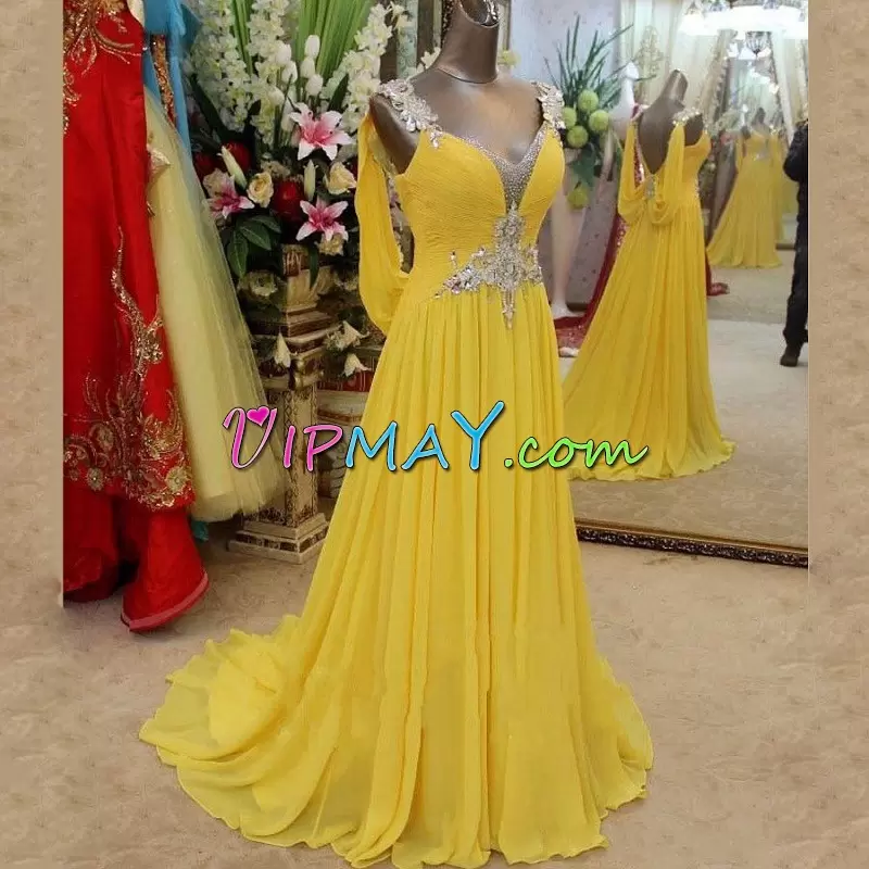 Stunning Yellow V-neck Neckline Beading Sleeveless Lace Up