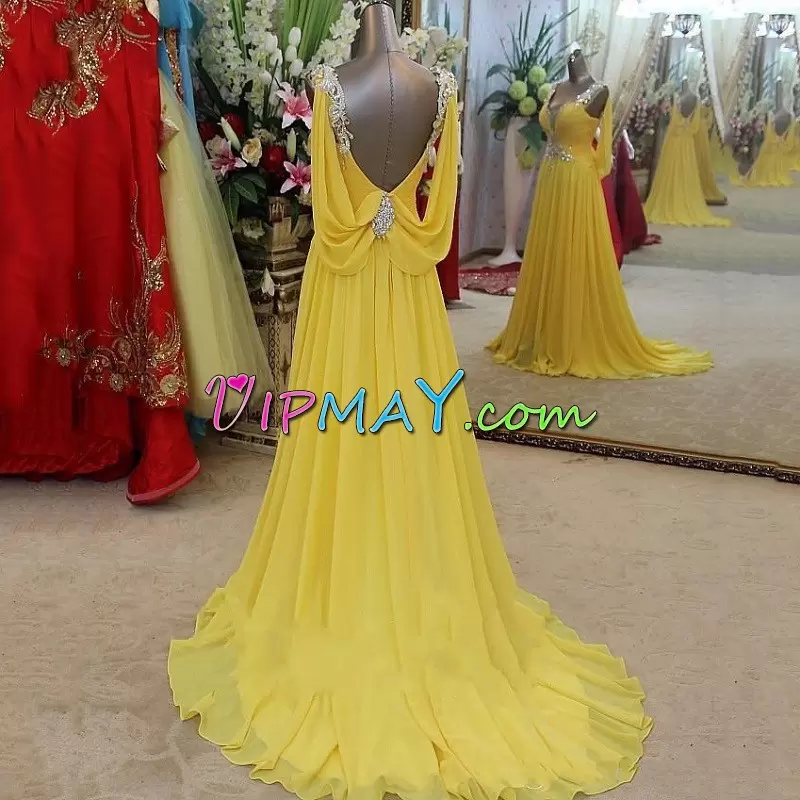 Stunning Yellow V-neck Neckline Beading Sleeveless Lace Up