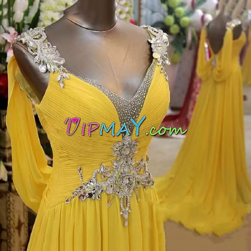 Stunning Yellow V-neck Neckline Beading Sleeveless Lace Up