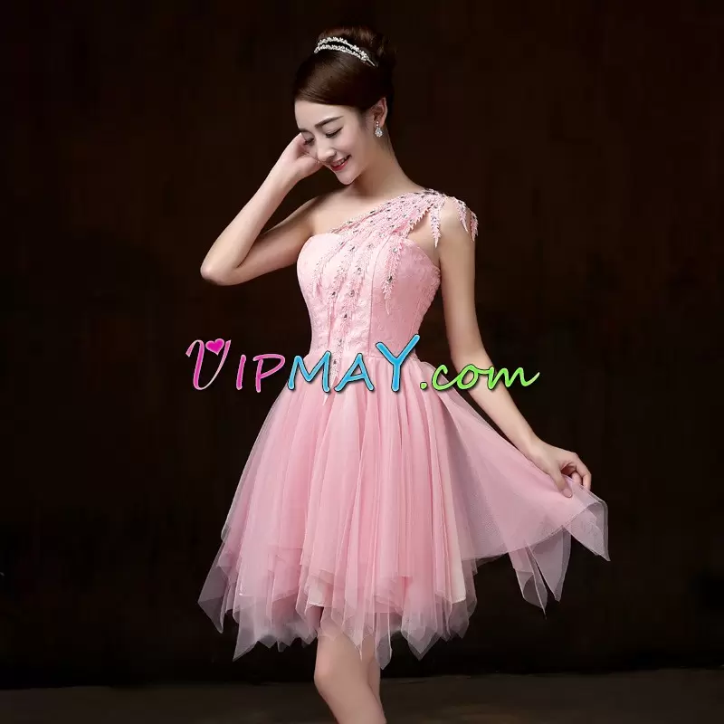 Pink Homecoming Gowns Prom and Party and Military Ball with Beading and Appliques One Shoulder Sleeveless Backless