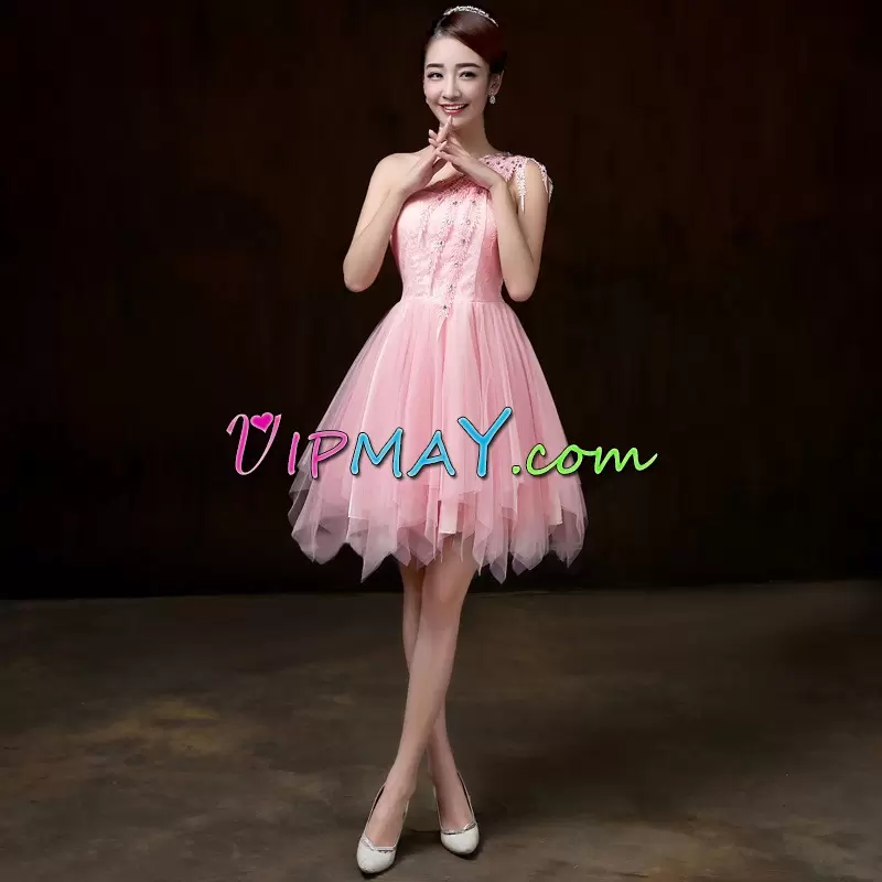 Pink Homecoming Gowns Prom and Party and Military Ball with Beading and Appliques One Shoulder Sleeveless Backless