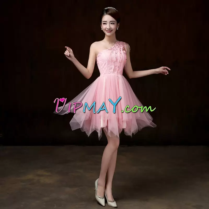 Pink Homecoming Gowns Prom and Party and Military Ball with Beading and Appliques One Shoulder Sleeveless Backless