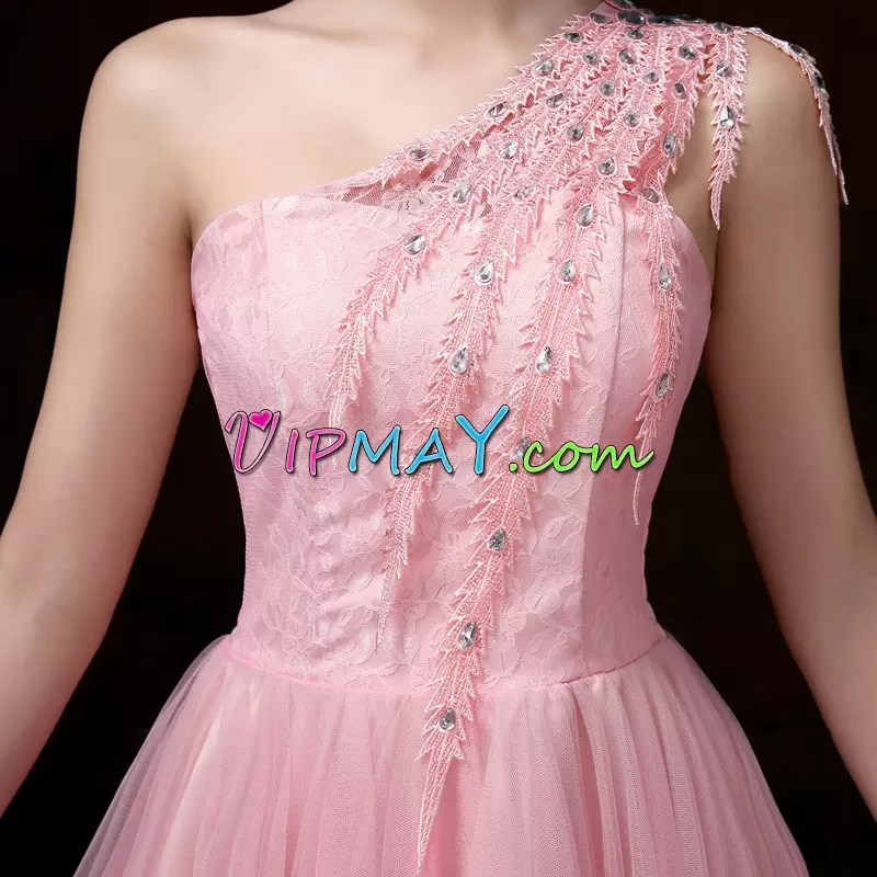 Pink Homecoming Gowns Prom and Party and Military Ball with Beading and Appliques One Shoulder Sleeveless Backless