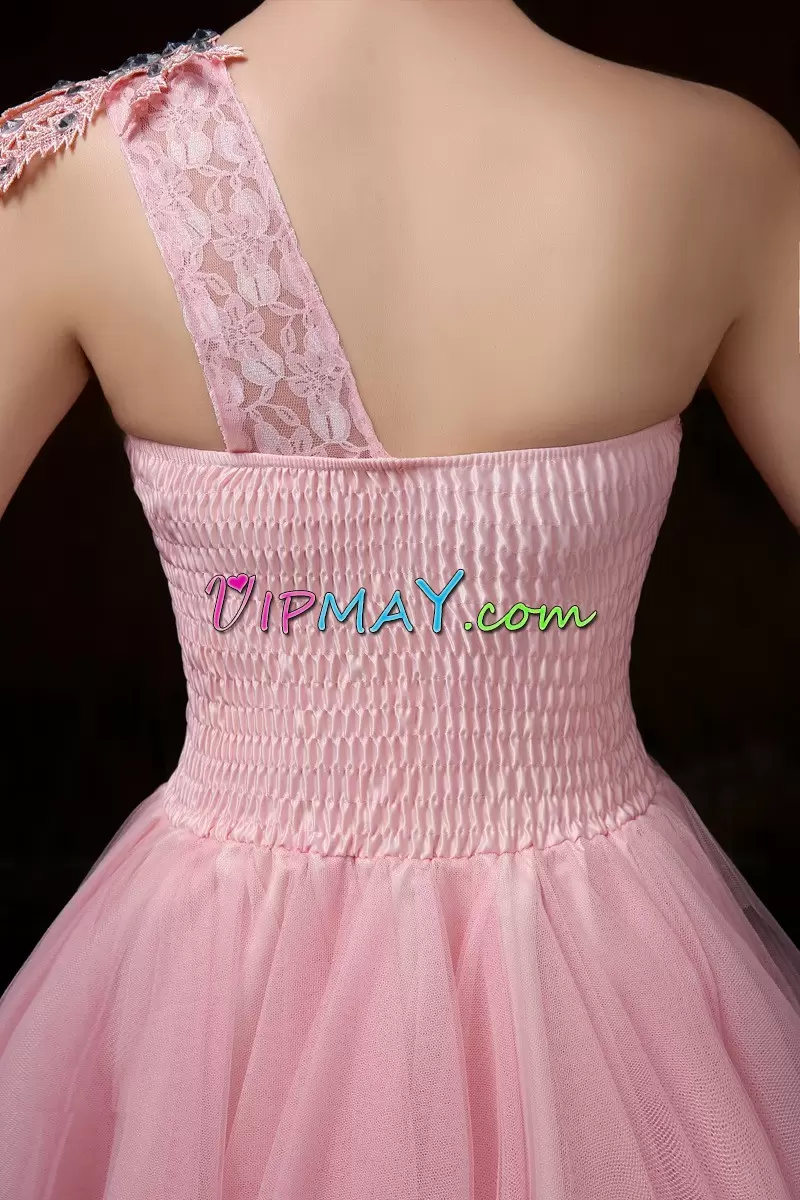 Pink Homecoming Gowns Prom and Party and Military Ball with Beading and Appliques One Shoulder Sleeveless Backless