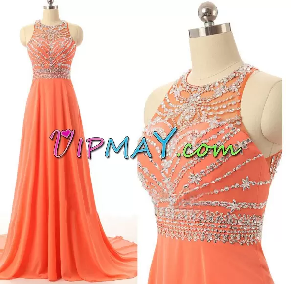 Orange Empire Beading and Lace Up Chiffon Illusion Neckline Prom Dress